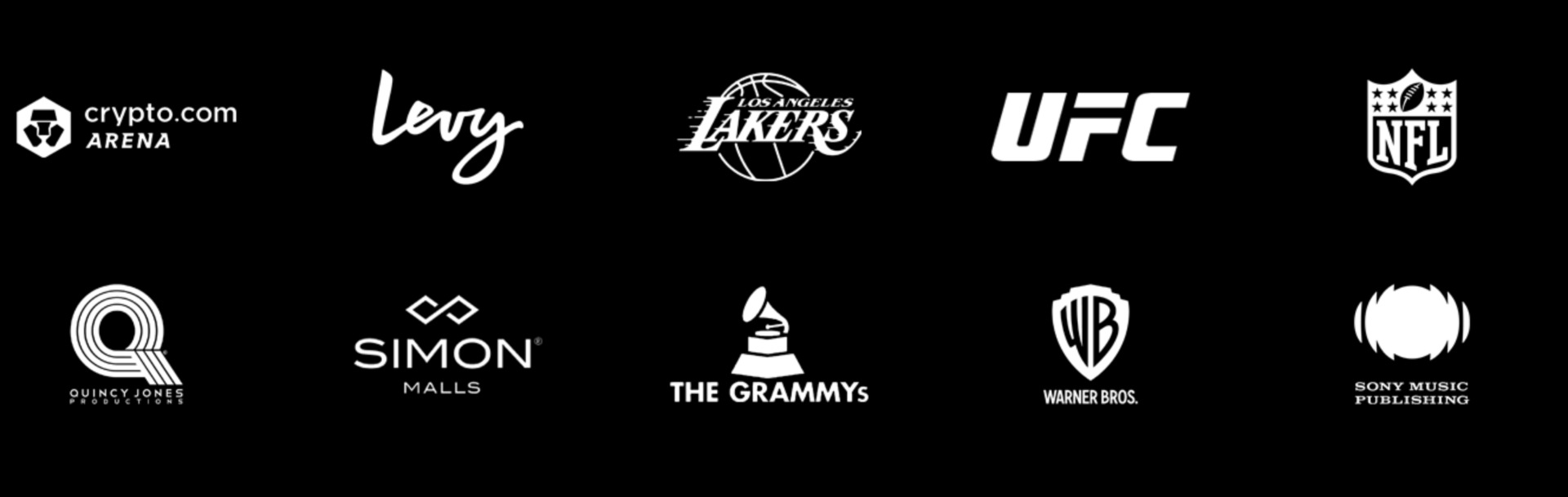 Clients including Crypto.com Arena, Levy, Los Angeles Lakers, UFC, NFL, Quincy Jones Productions, Simon Malls, The Grammys, Warner Bros., and Sony Music Publishing